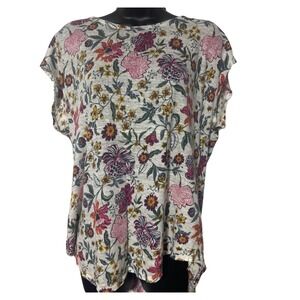 Rachel Zoe Womens Floral Linen Blouse Grey Pink Cap Sleeve High Low Top Large